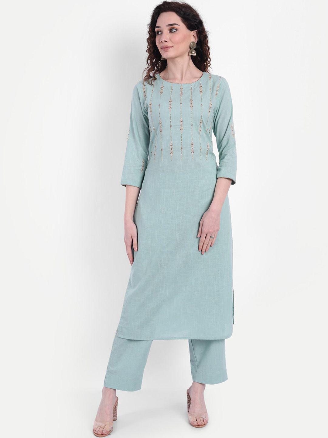 suti women green embroidered pure cotton kurti with trousers