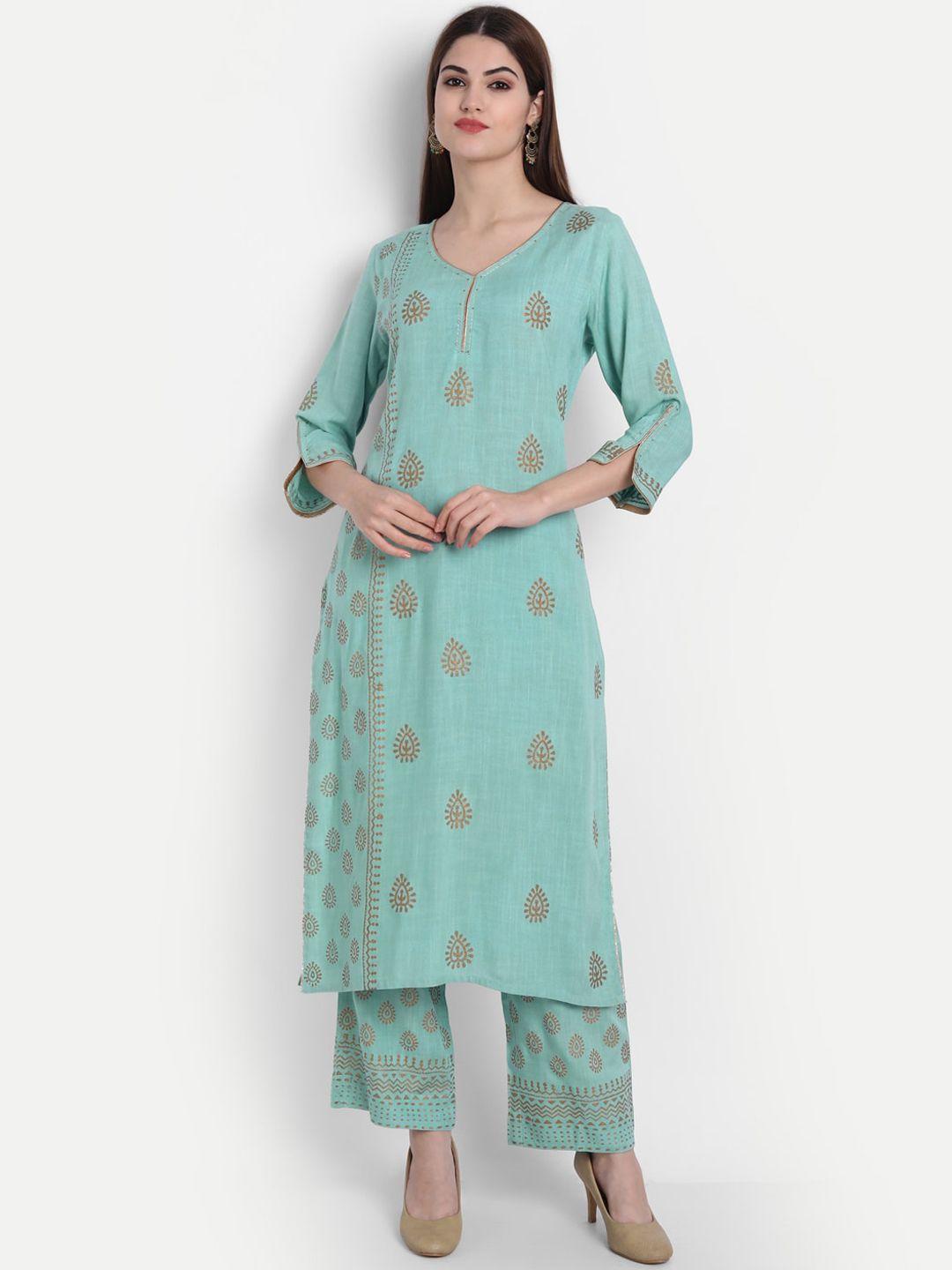 suti women green ethnic motifs printed kurta with trousers