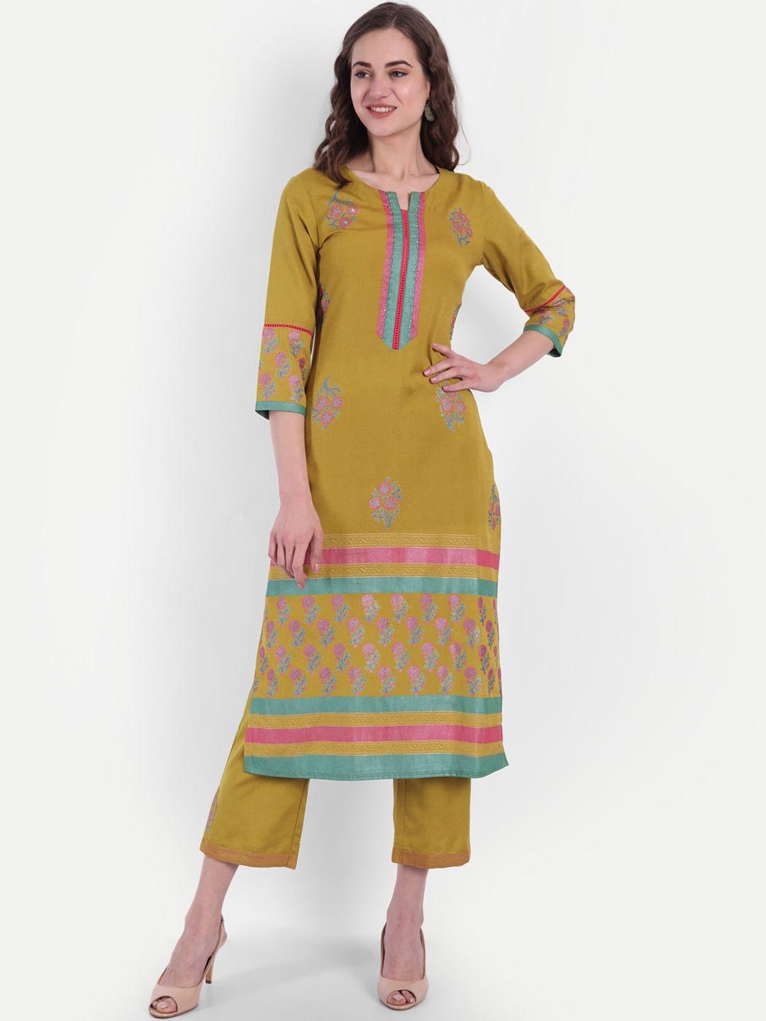 suti women green ethnic motifs printed kurti with trousers