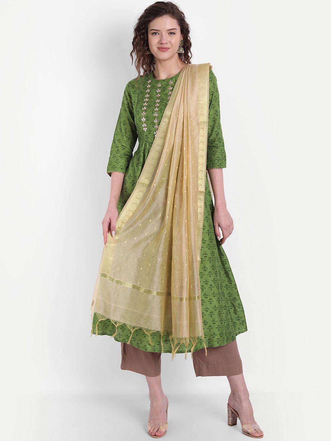 suti women green floral printed pleated gotta patti pure cotton kurta with palazzos & with dupatta