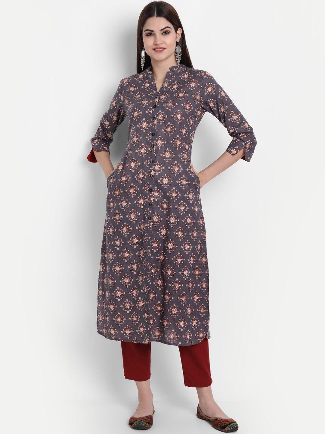 suti women grey & brown printed cotton kurta