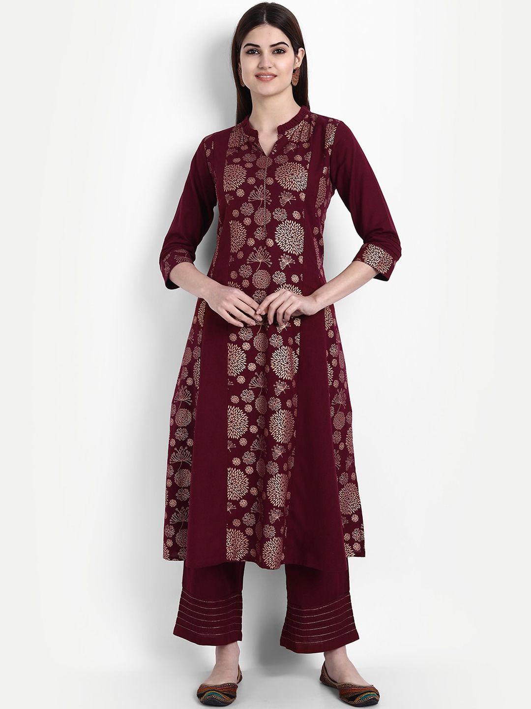 suti women maroon floral printed panelled pure cotton kurta with palazzos