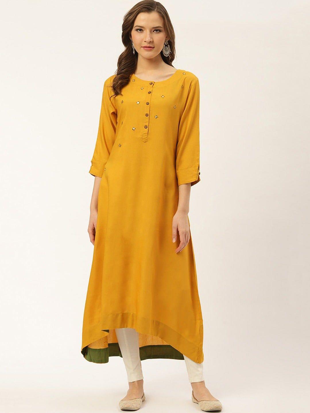suti women mustard yellow embroidered thread work kurta