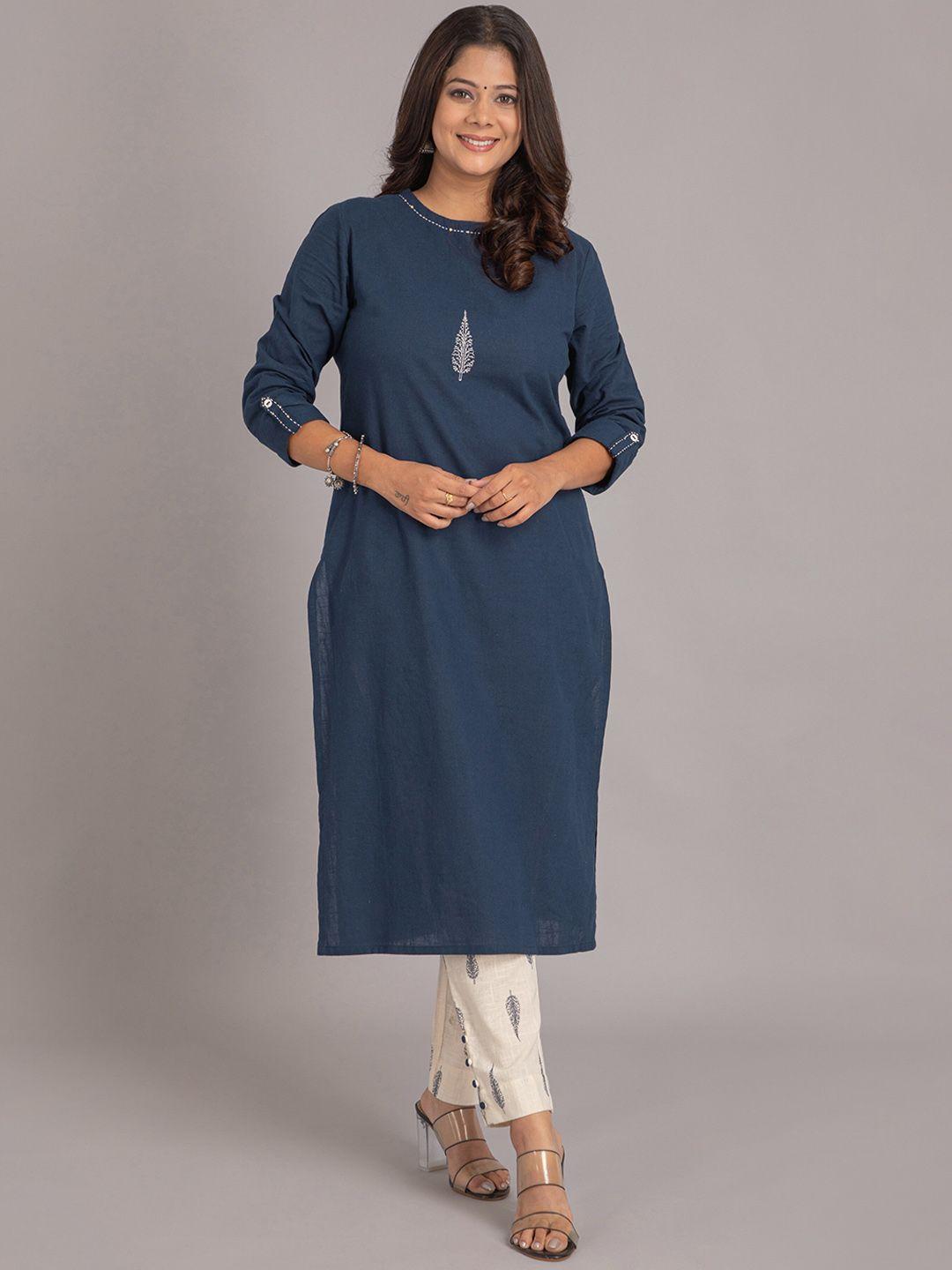 suti women navy blue regular thread work pure cotton kurta with trousers