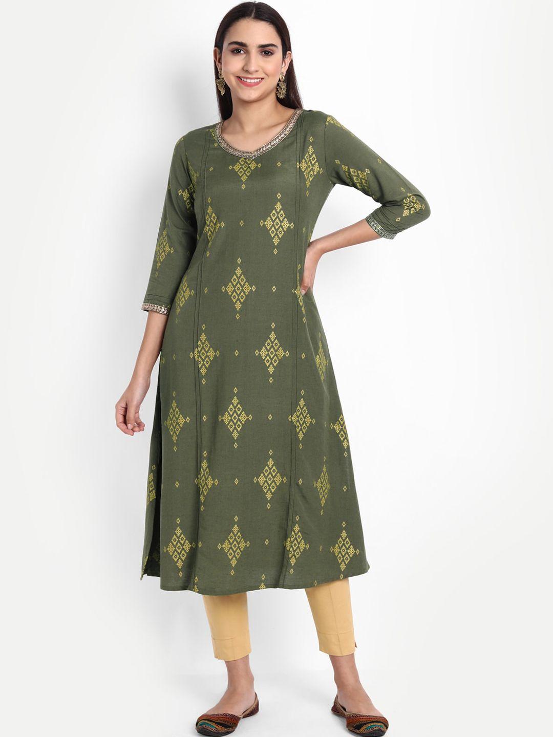 suti women olive green ethnic motifs printed kurta