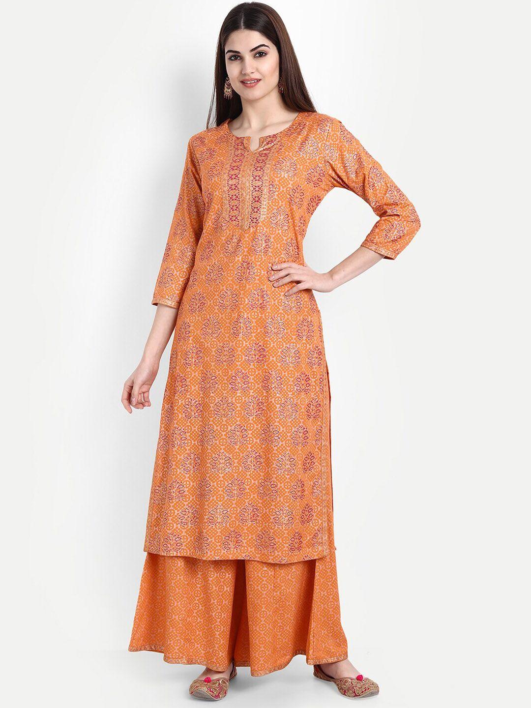 suti women orange ethnic motifs printed kurta with palazzos