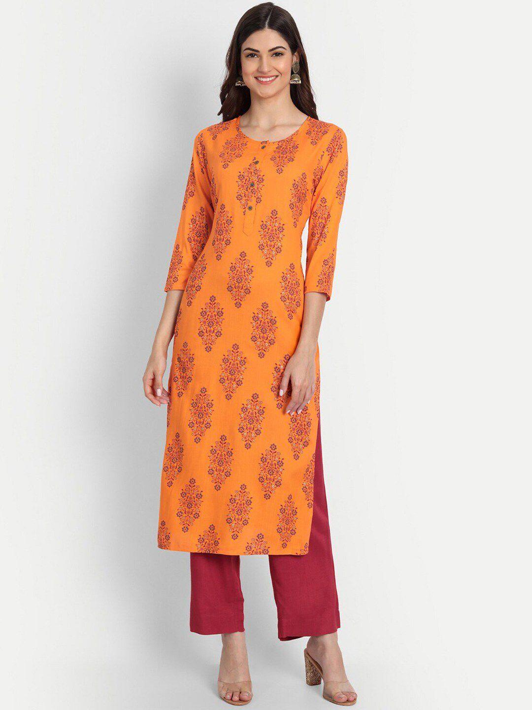 suti women orange floral printed regular kurta with trousers