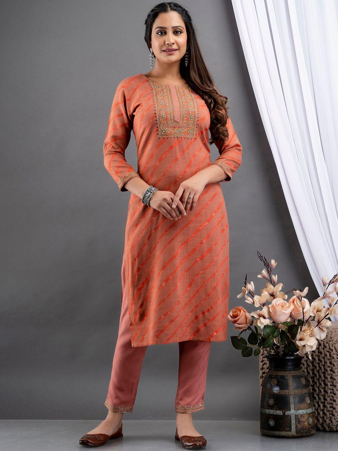 suti women orange leheriya embroidered kurta with trousers