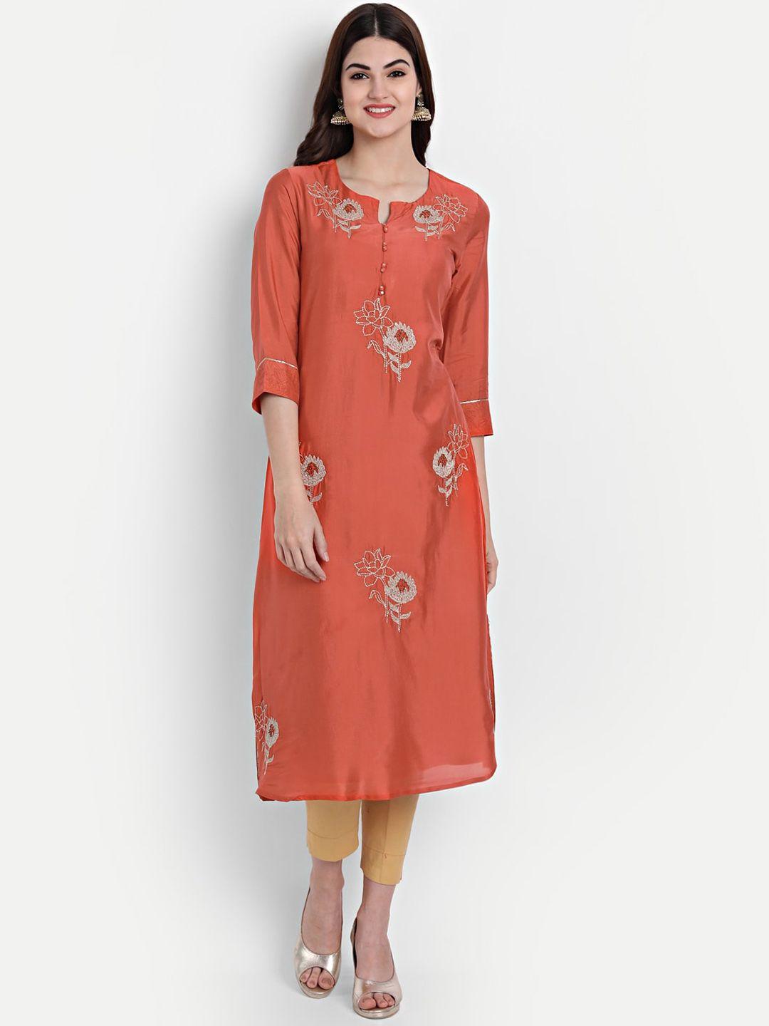 suti women orange quirky embroidered keyhole neck thread work kurta