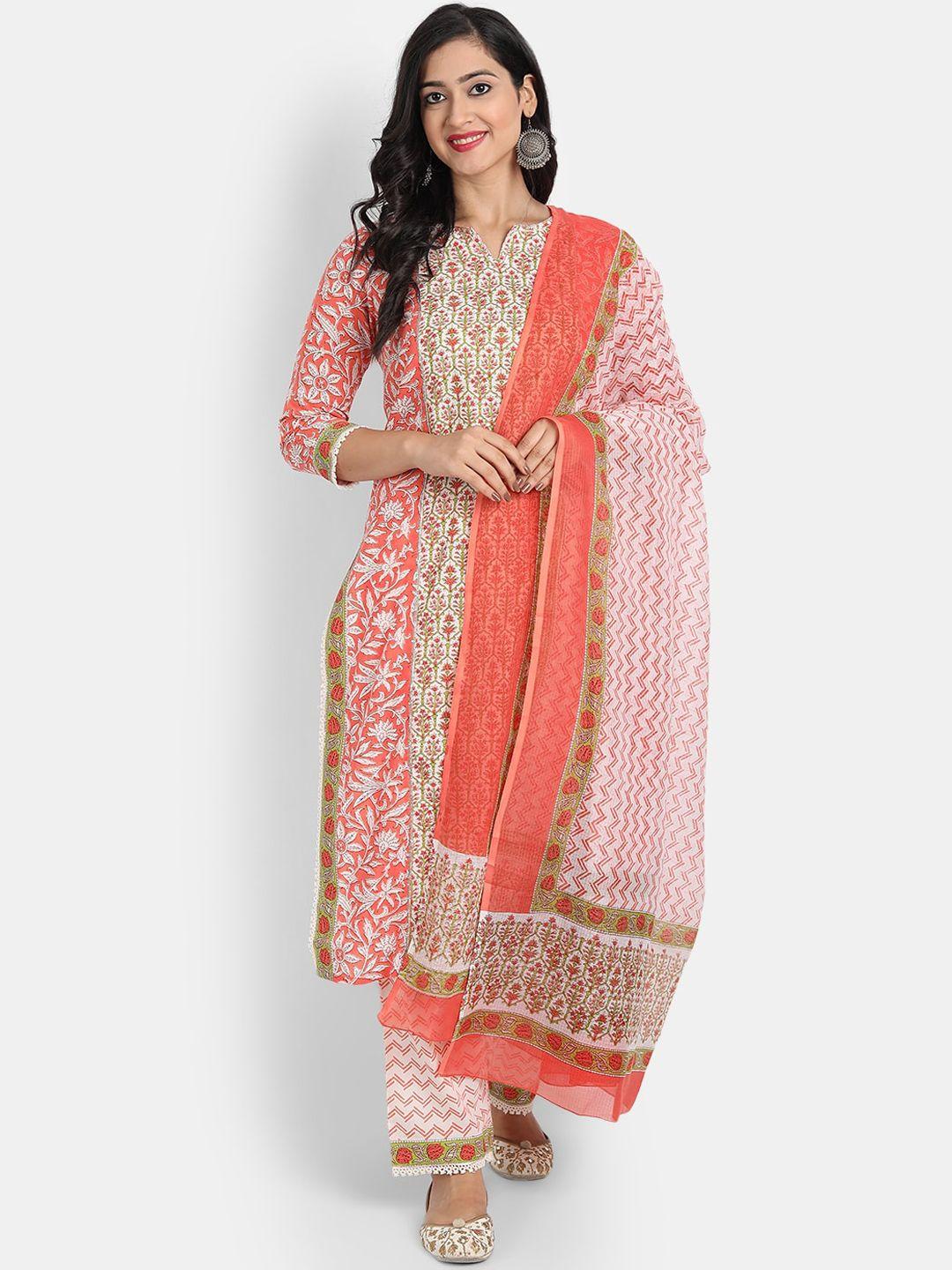 suti women peach-coloured printed panelled pure cotton kurta with palazzos & dupatta