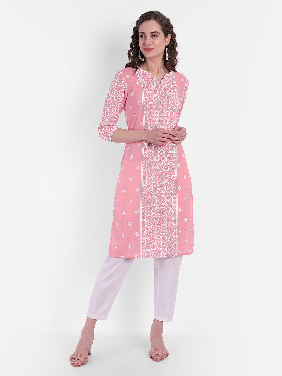 suti women pink & white ethnic motifs cotton printed kurta