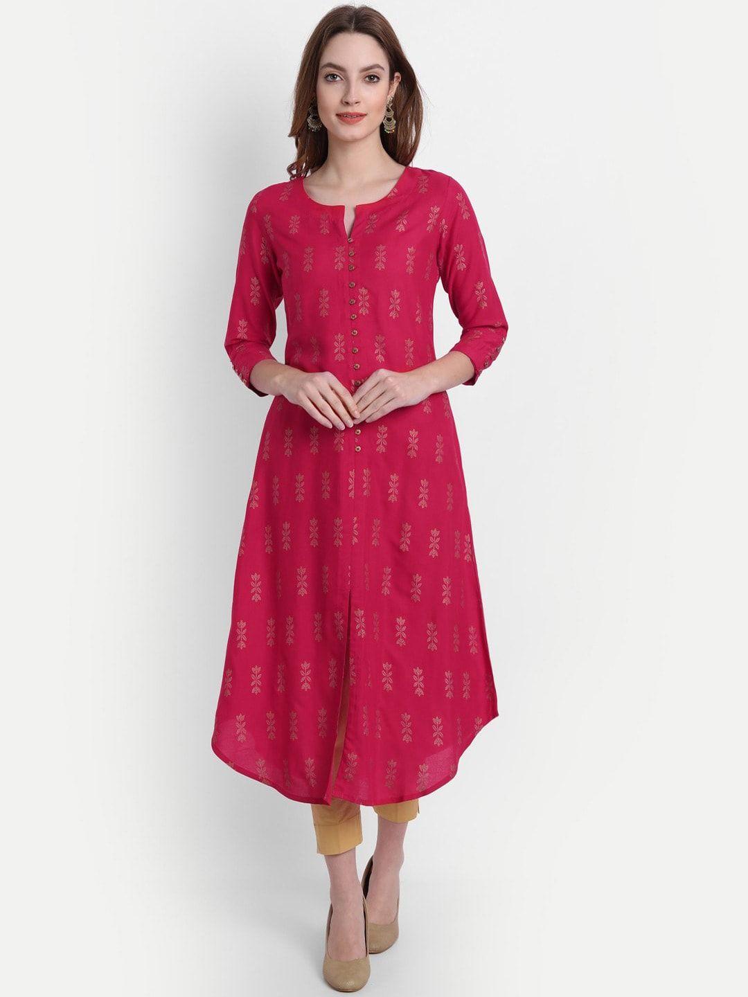 suti women red & bright maroon ethnic motifs printed keyhole neck thread work kurta