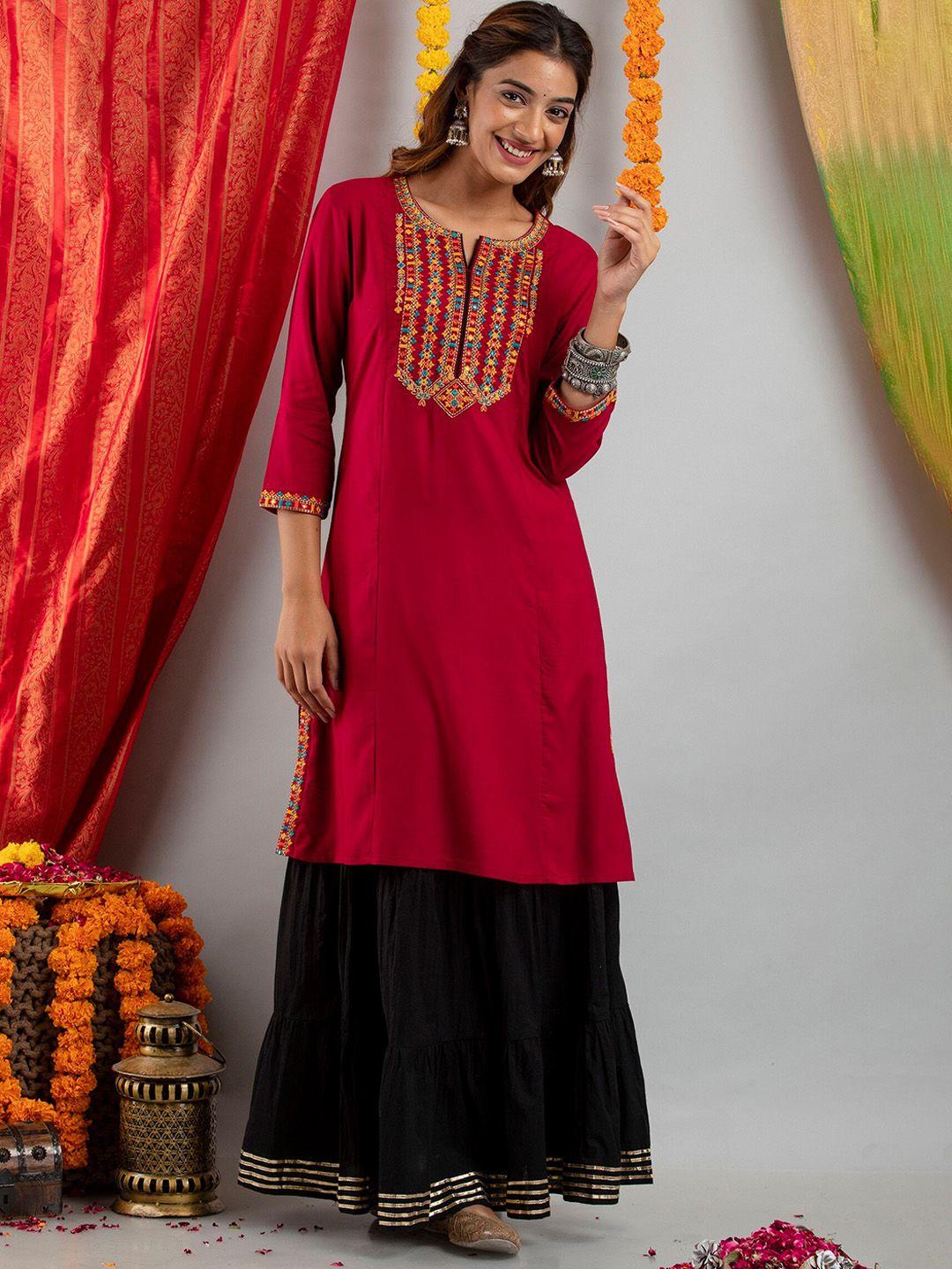 suti women red ethnic motifs embroidered mirror work kurta with skirt
