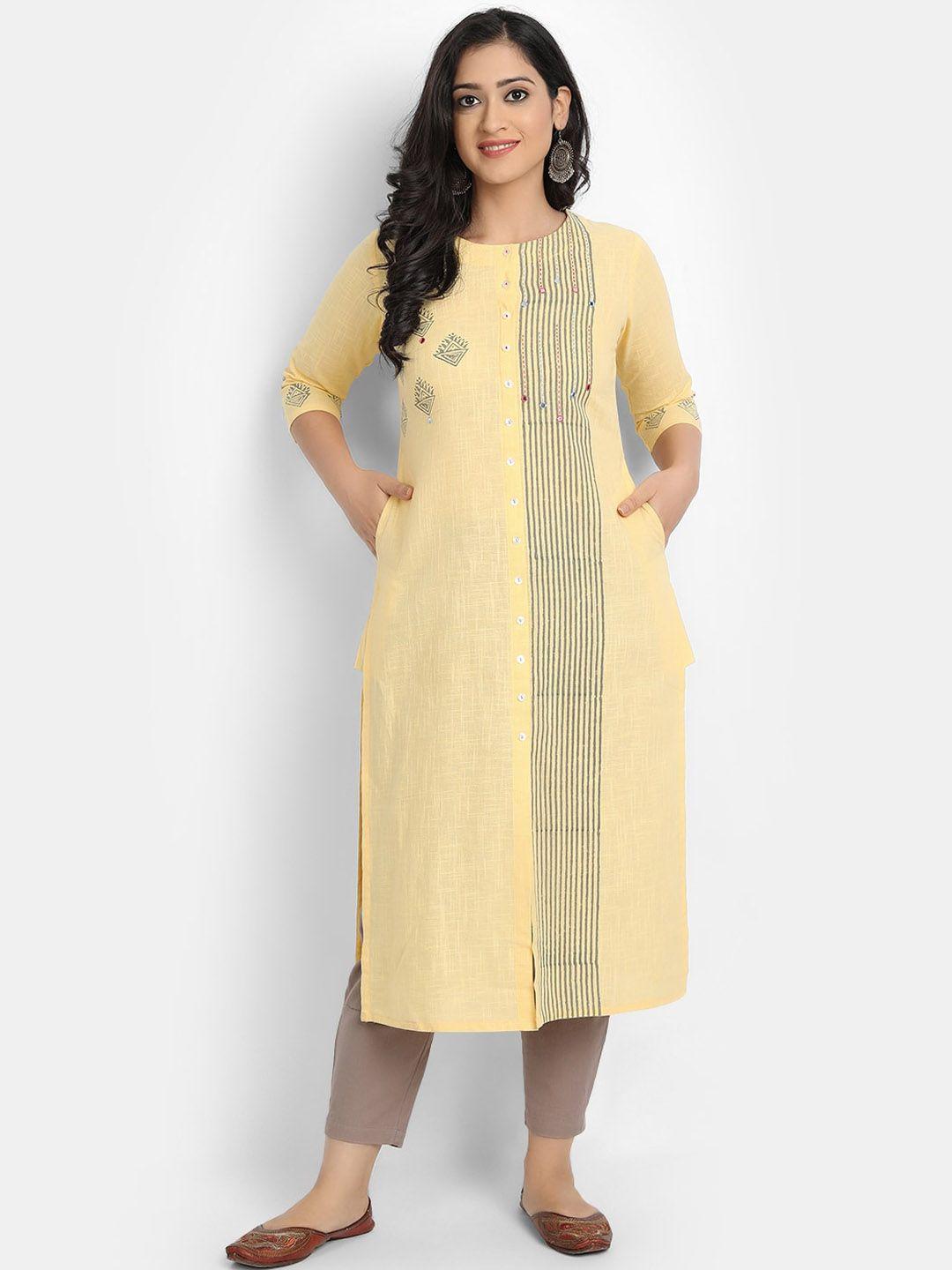 suti women yellow & grey hand block printed kantha & mirror work straight kurta