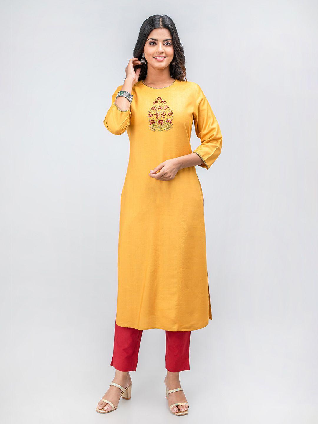 suti women yellow floral embroidered kurta