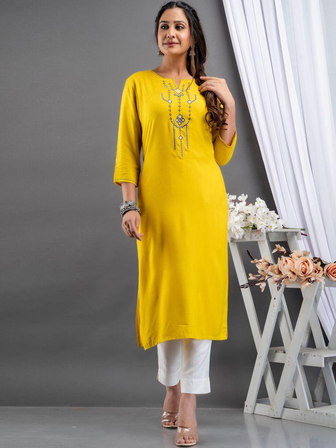 suti women yellow floral printed thread work kurta