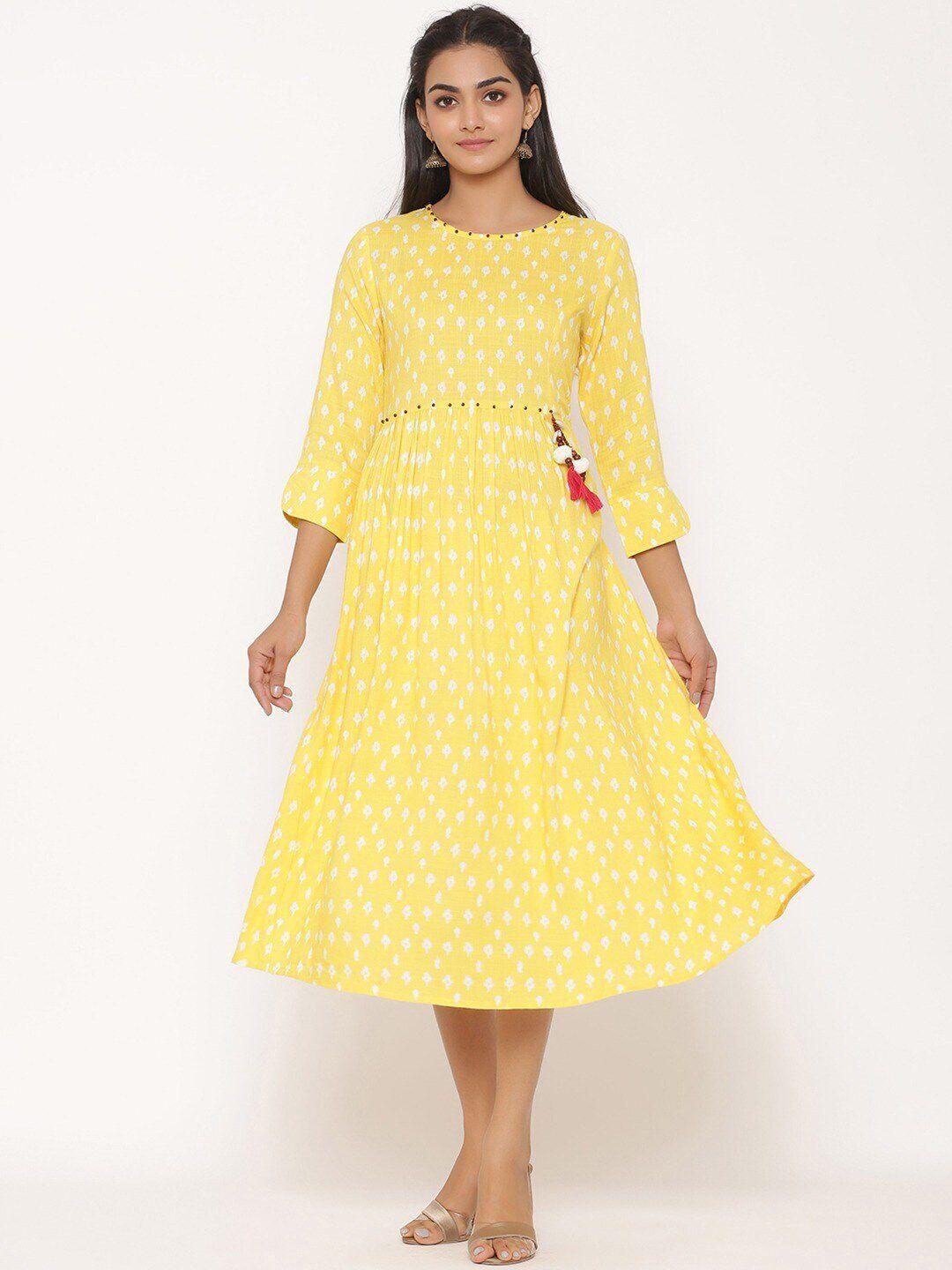 suti yellow ethnic motifs print fit & flare midi dress