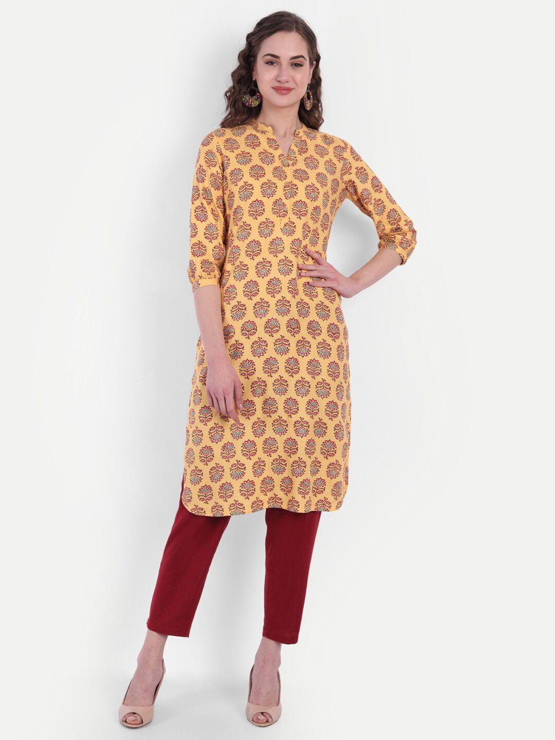 suti yellow ethnic motifs printed pure cotton kurti