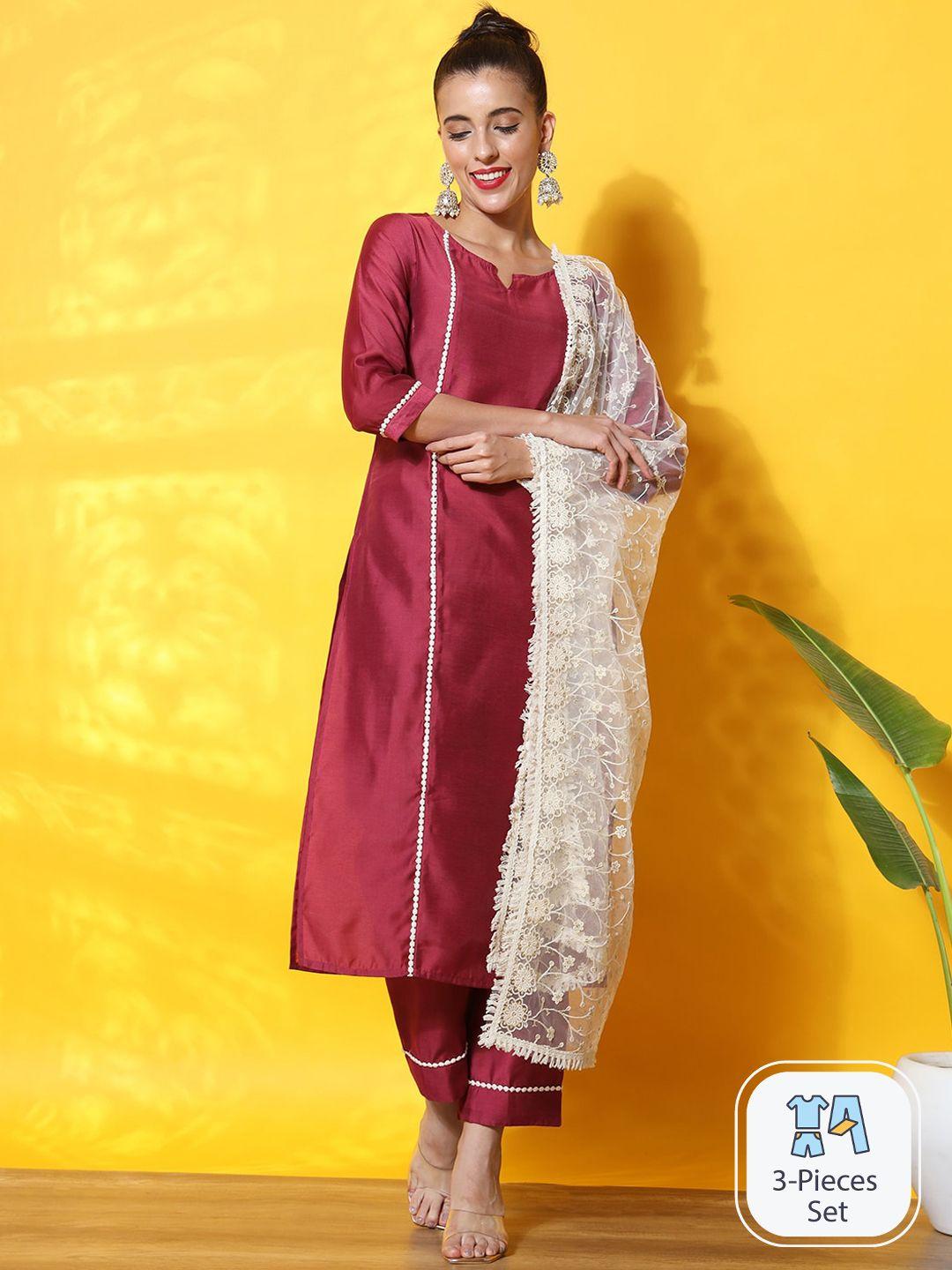 sutidora round neck straight kurta & trousers with dupatta