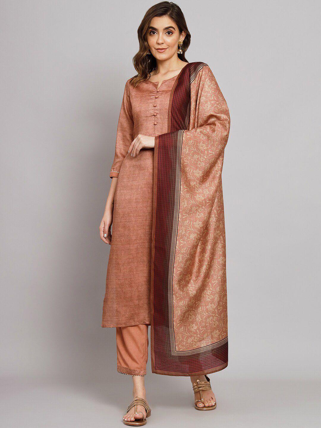 sutidora women peach-coloured ethnic motifs printed regular kurta with trousers & with dupatta