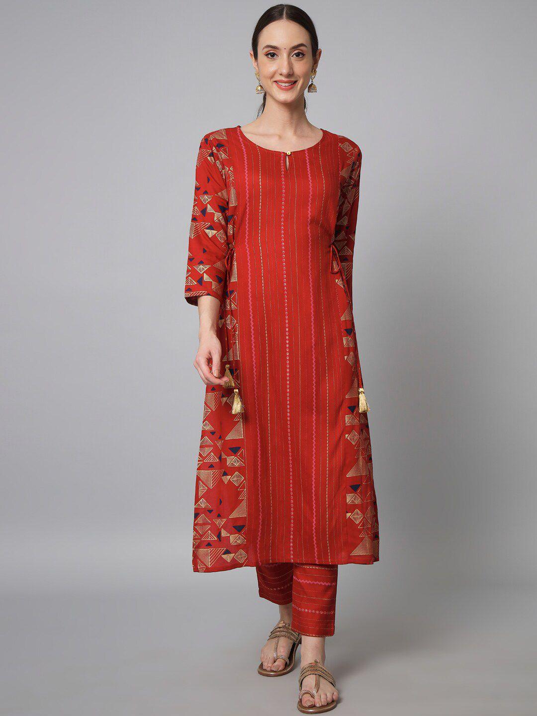 sutidora women red printed pure cotton straight kurta with trousers