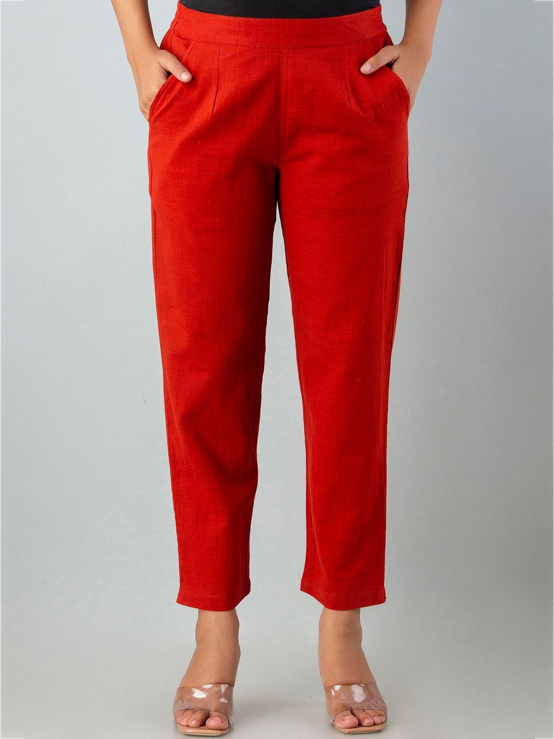 sutidora women solid red slim fit trousers