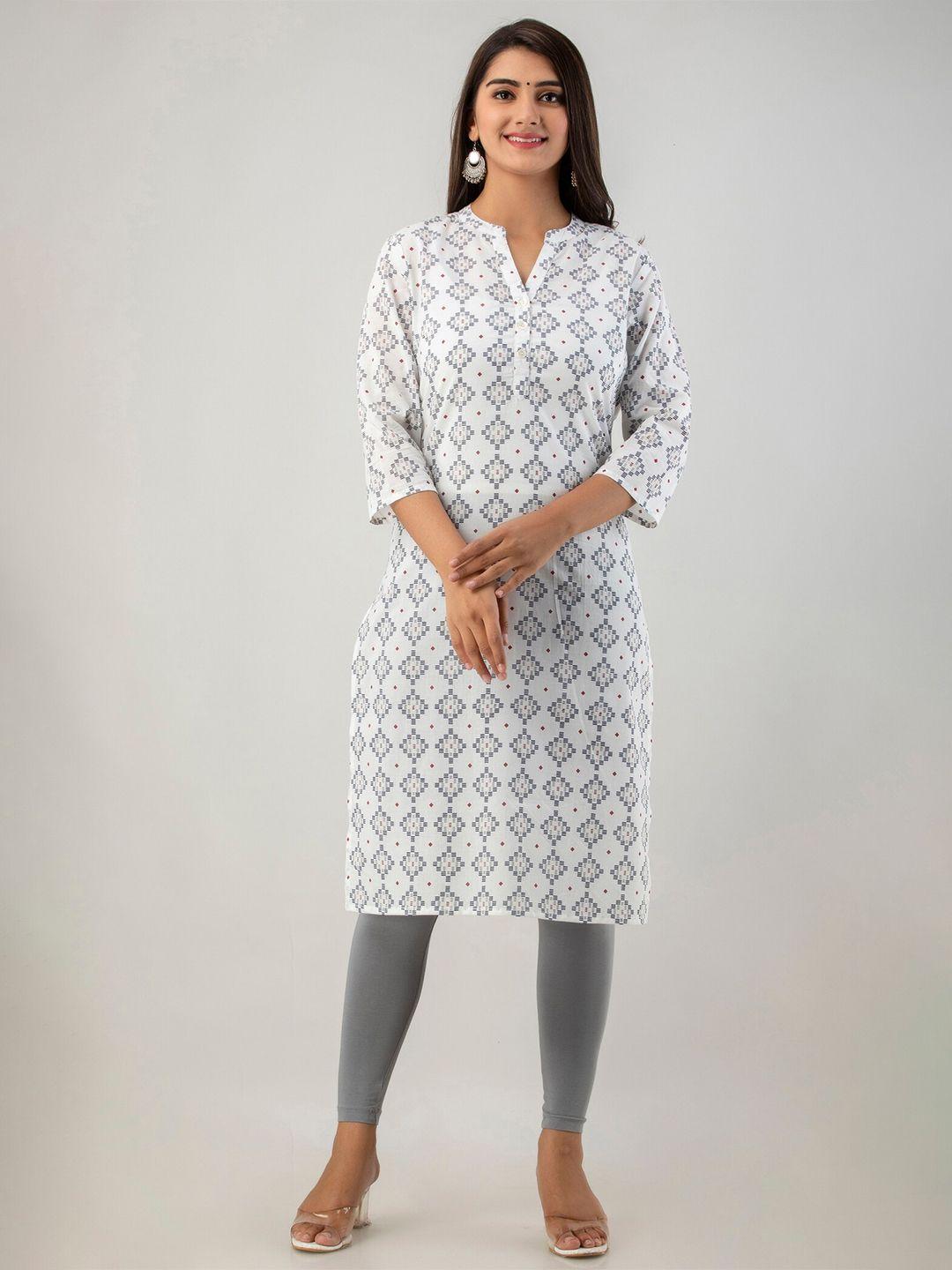 sutidora women white & grey geometric printed cotton kurta