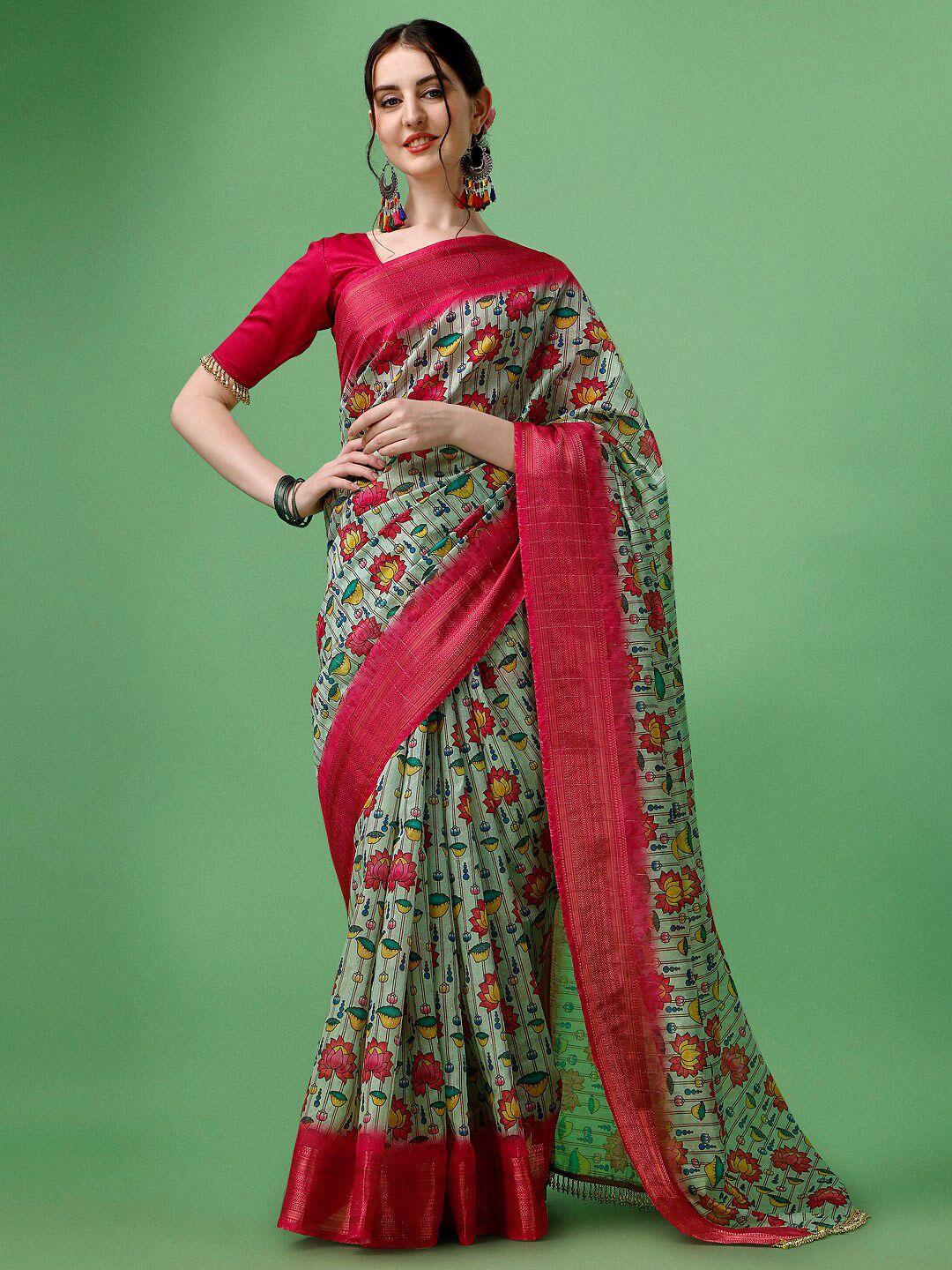 sutram kalamkari zari cotton blend saree with blouse piece