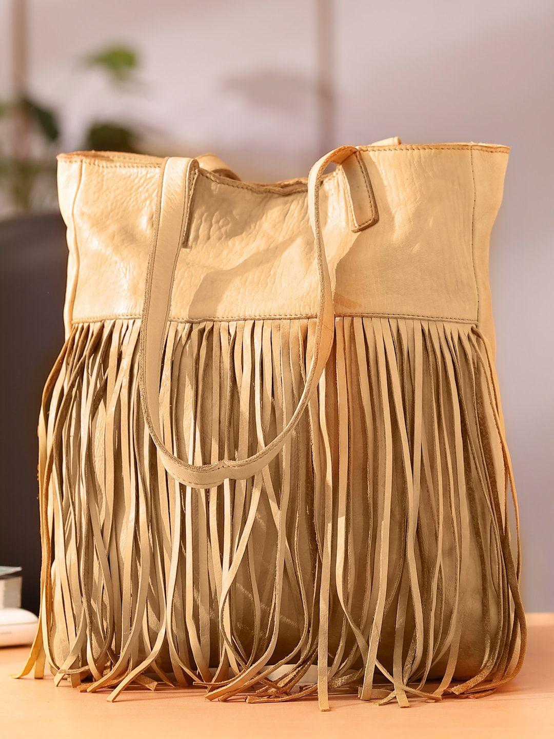 suvaska camel brown leather oversized structured hobo bag with fringed