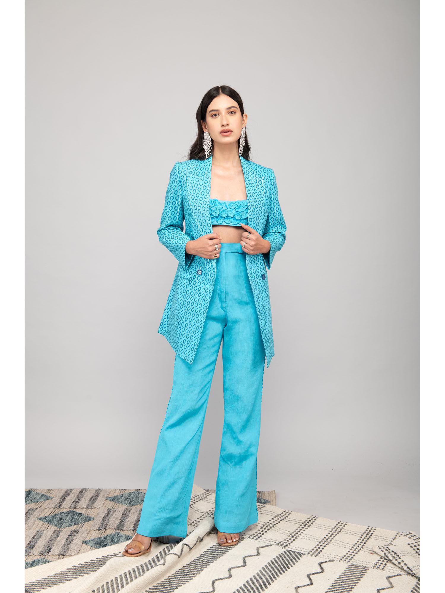 suzanne turquoise printed crop top with pants & jacket (set of 3)
