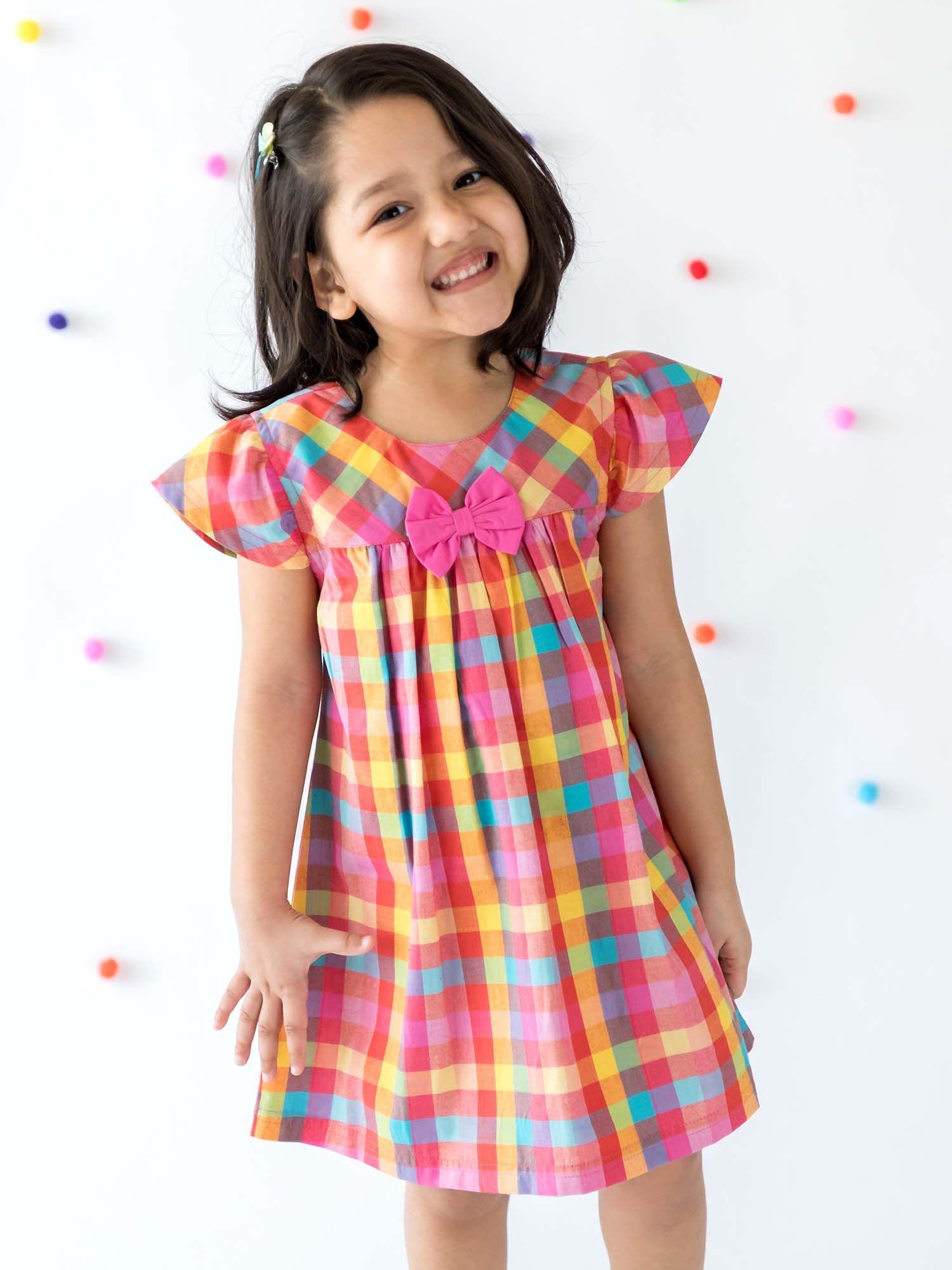 suzy dress with bow - rainbow check print - multicolour