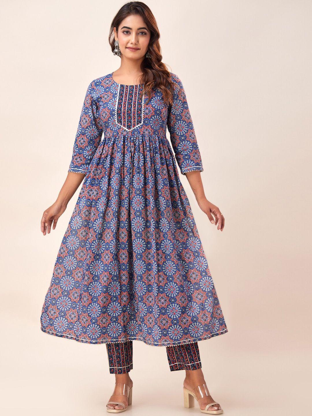 svarchi ethnic motifs printed regular gotta patti pure cotton anarkali kurta with palazzos