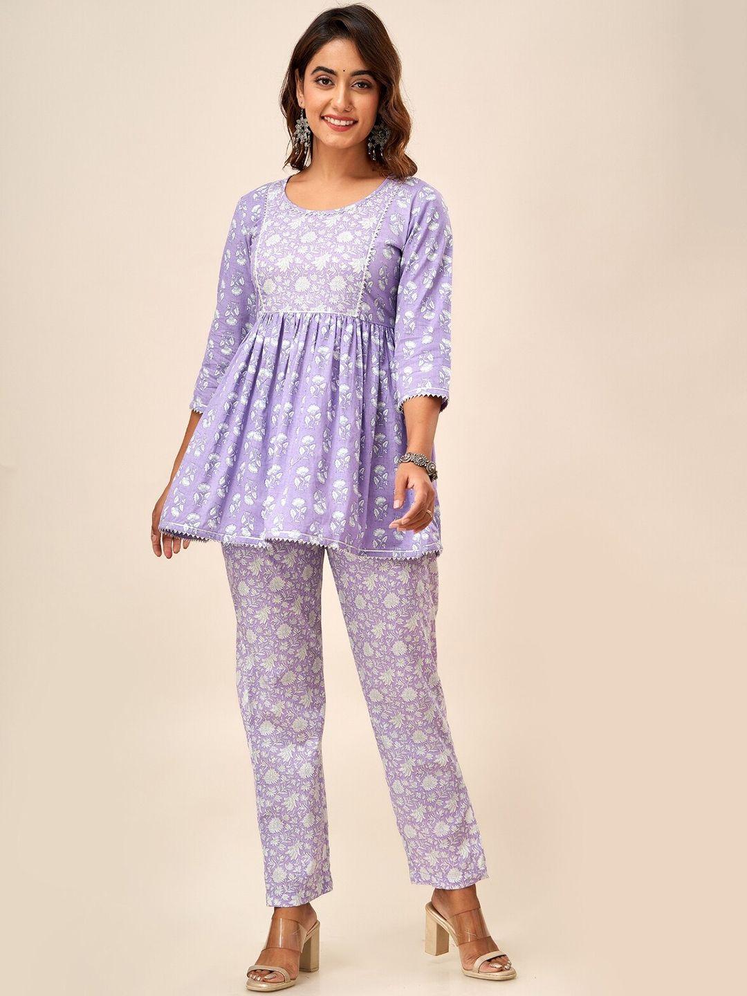 svarchi floral printed gotta patti detailed pure cotton a-line kurti with trouser