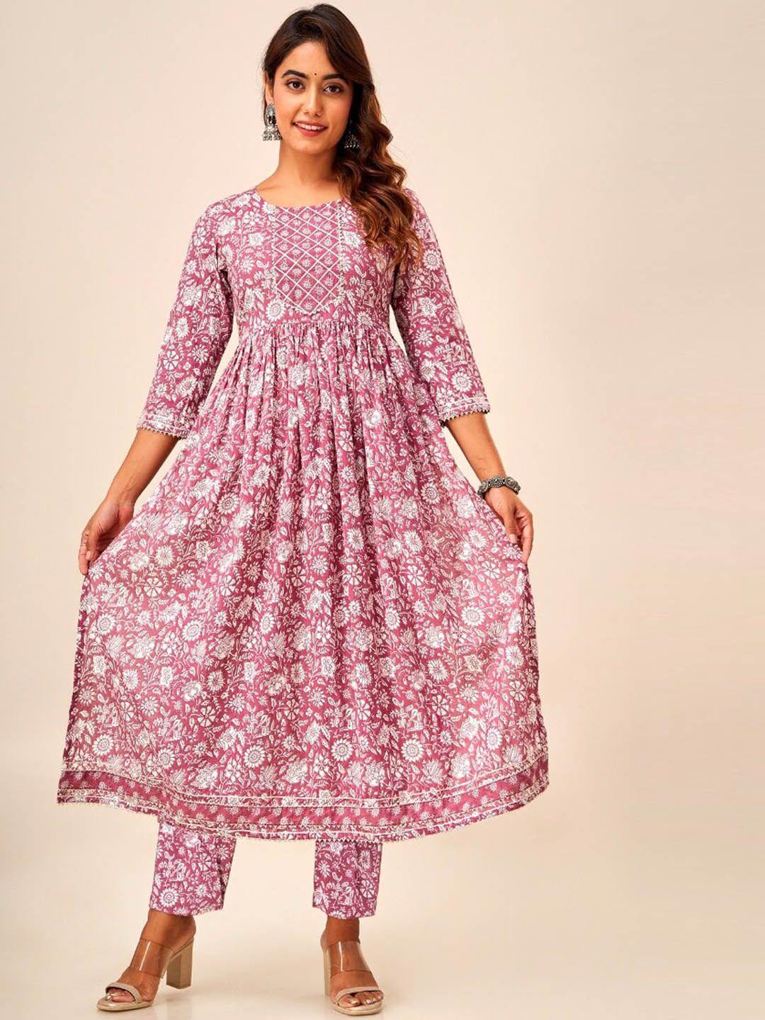 svarchi floral printed pure cotton anarkali kurta with trousers