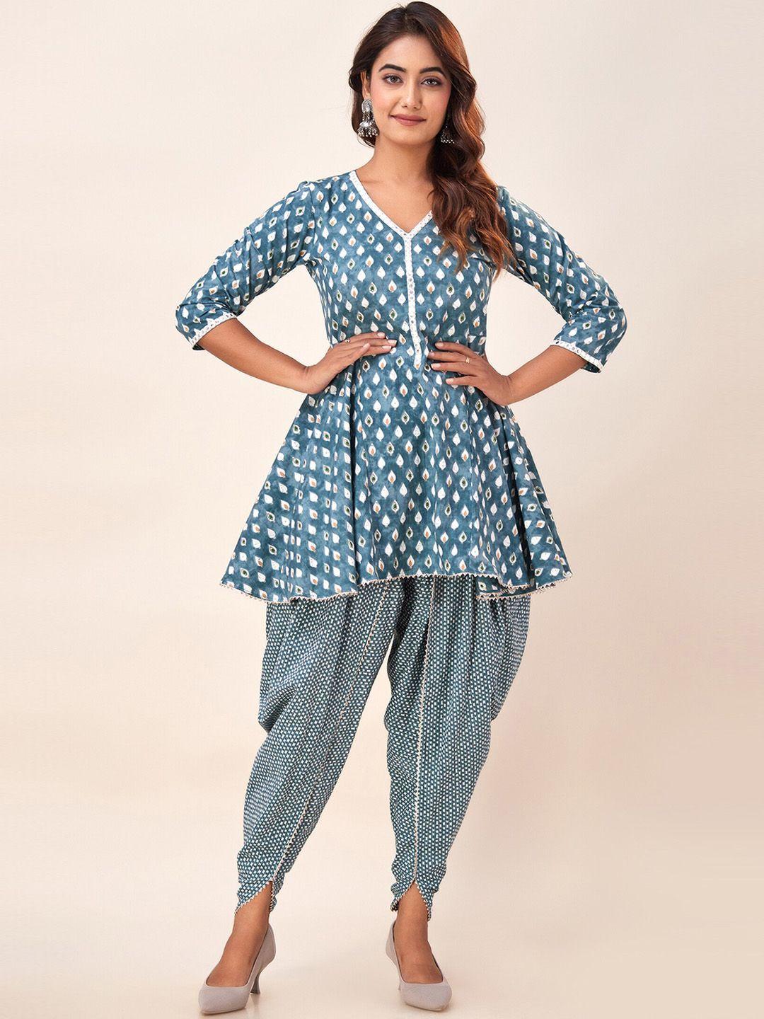 svarchi gemetric printed regular pure cotton kurti with dhoti pants