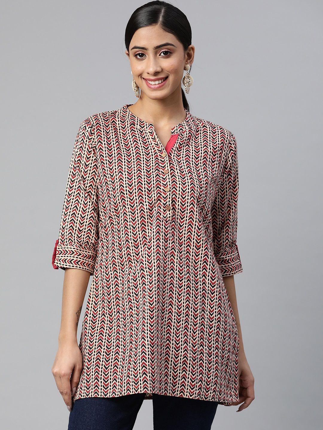 svarchi maroon & beige geometric printed kurti