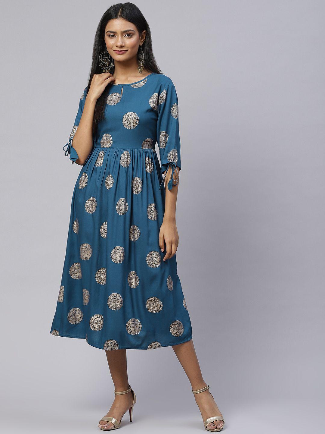 svarchi teal blue & golden ethnic motifs ethnic a-line midi dress