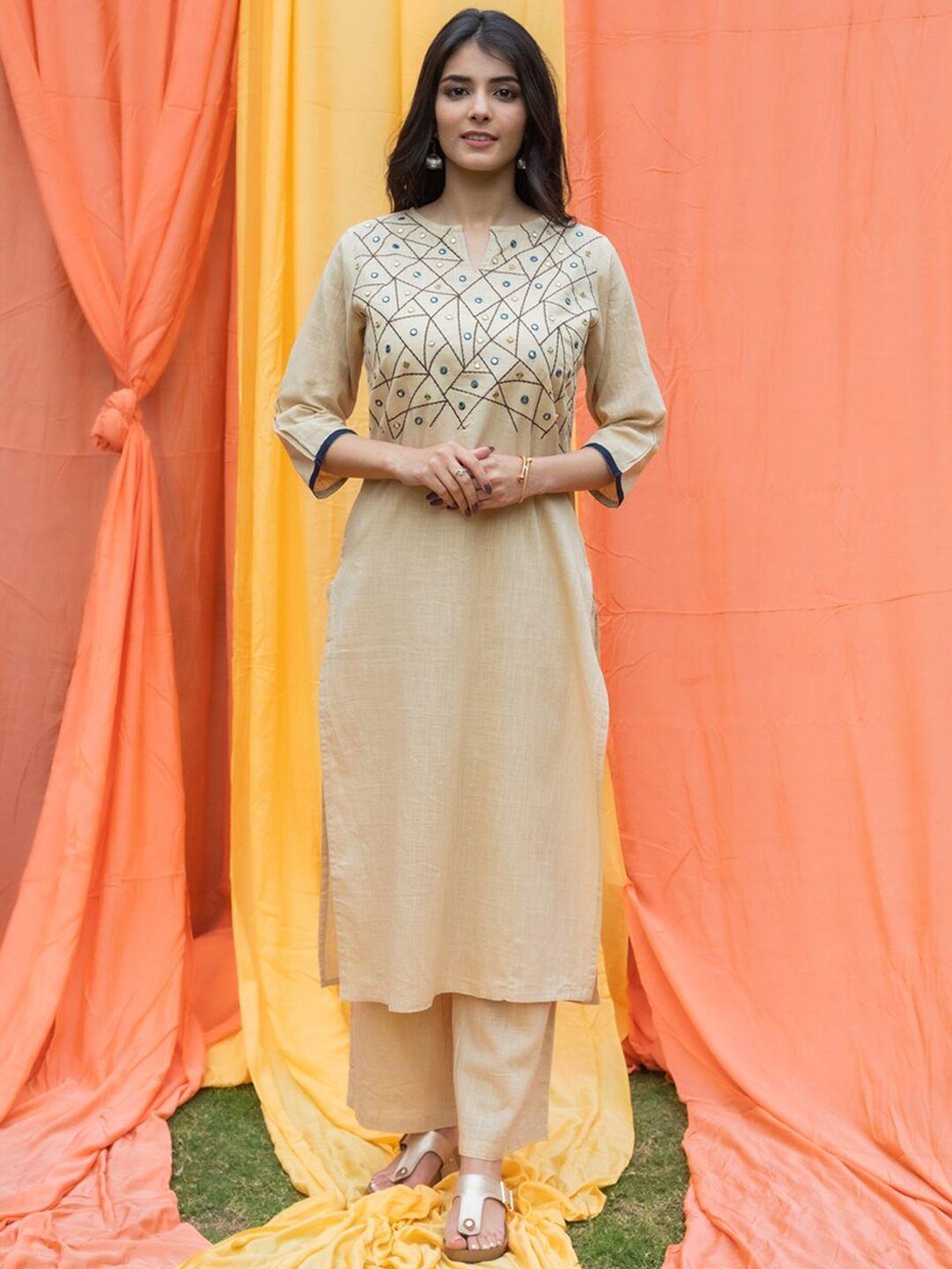 svarchi women beige embroidered pure cotton kurti with trousers & with dupatta