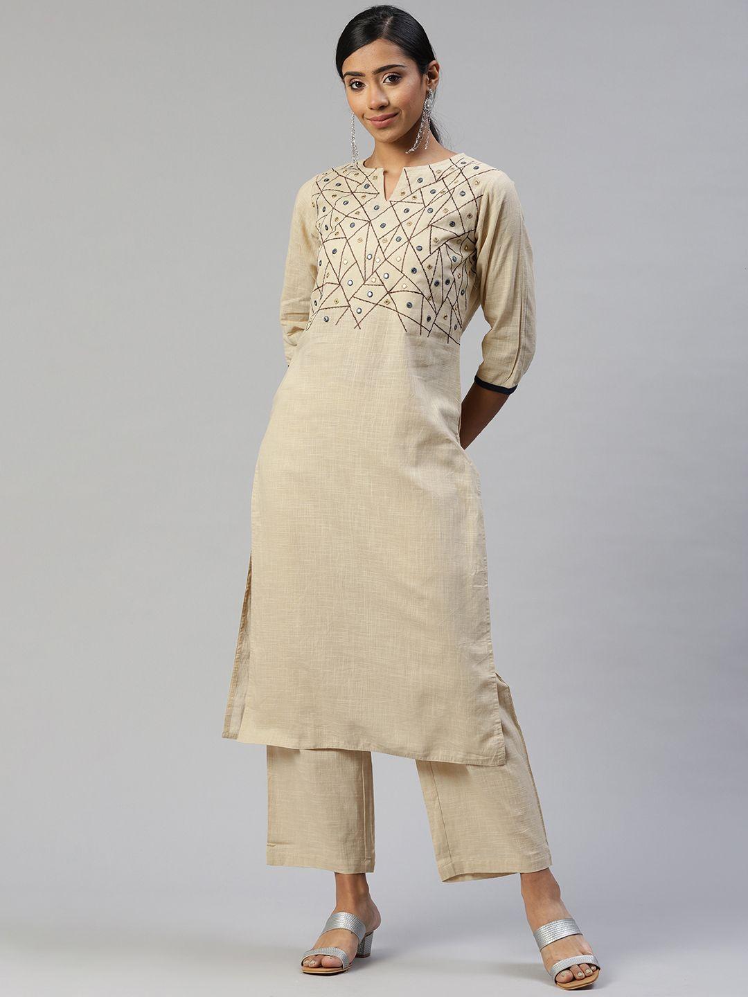 svarchi women beige pure cotton embroidered thread work kurta with palazzos