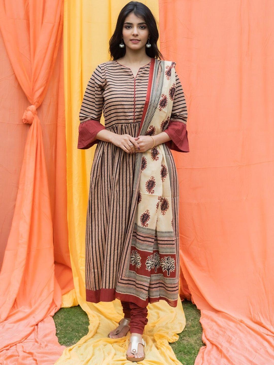 svarchi women beige striped pure cotton kurta with churidar & paisley dupatta