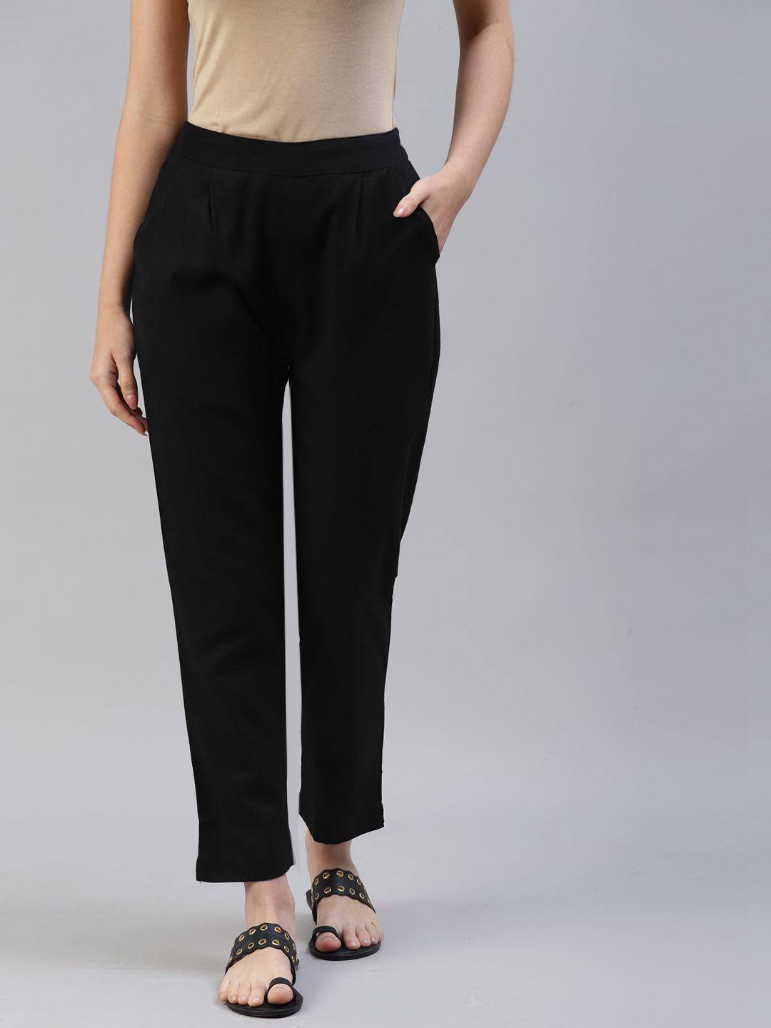svarchi women black solid pleated trousers