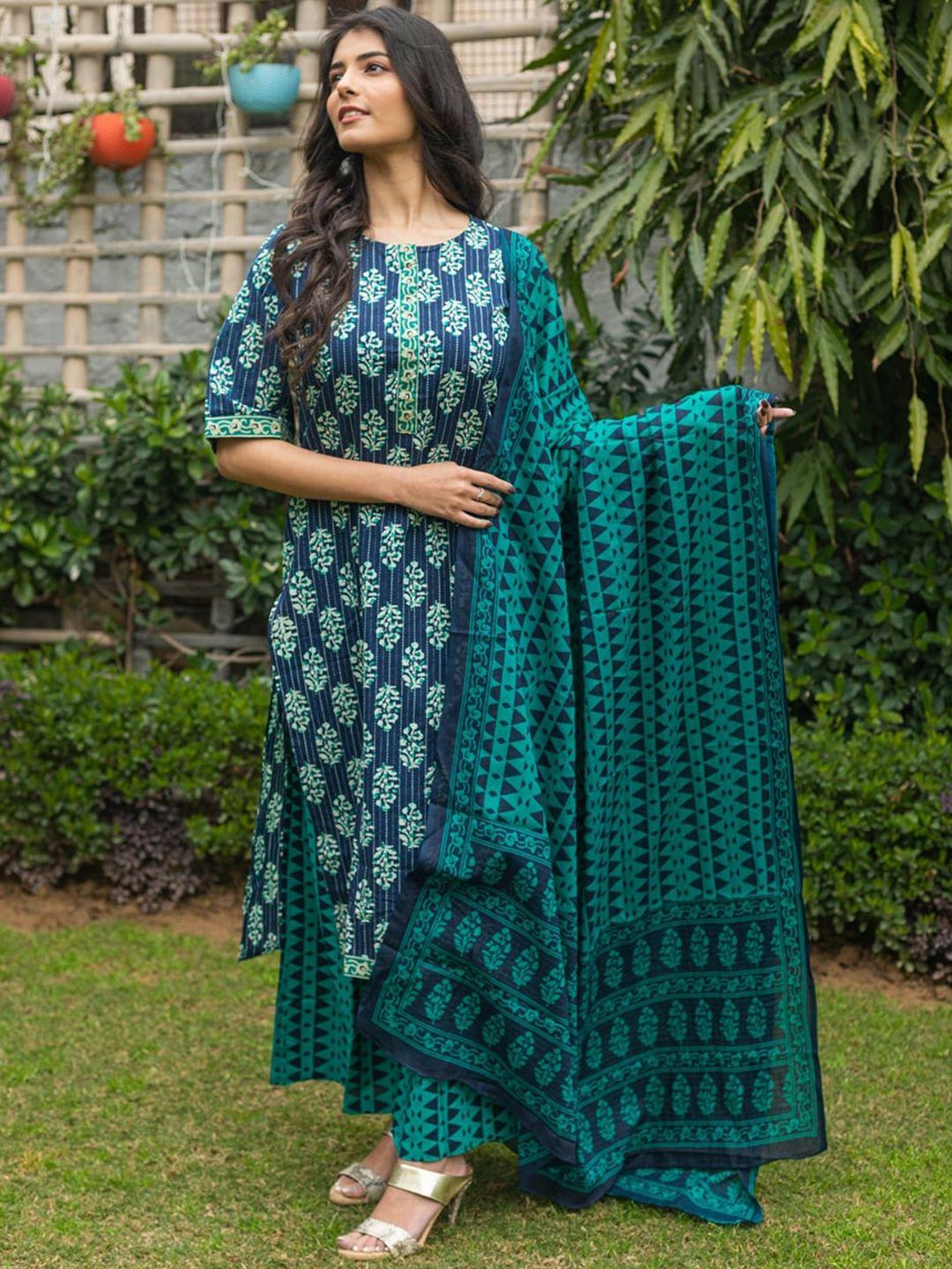 svarchi women blue ethnic motifs printed panelled pure cotton kurta with palazzos & with dupatta