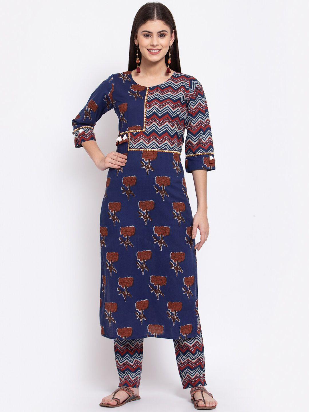 svarchi women blue printed pleated pure cotton kurti with skirt