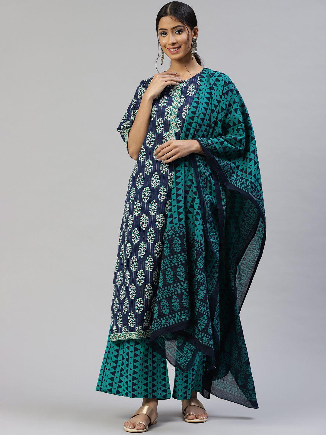 svarchi women blue pure cotton ethnic motifs printed kurta with palazzos & with dupatta
