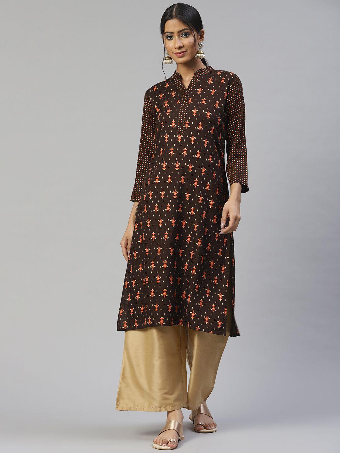 svarchi women brown & rust orange ethnic motifs printed straight kurta