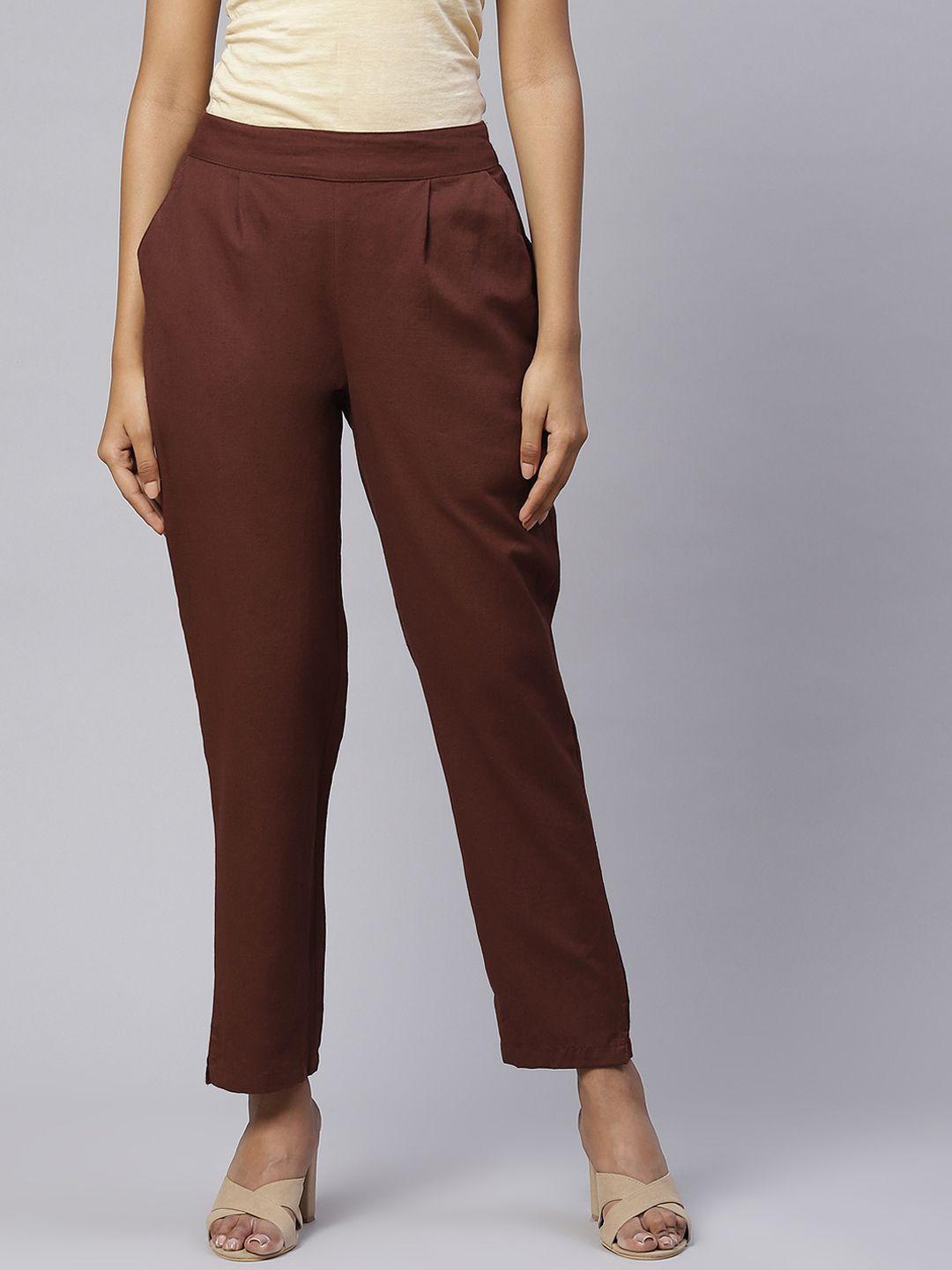 svarchi women brown pure cotton relaxed easy wash pleated trousers