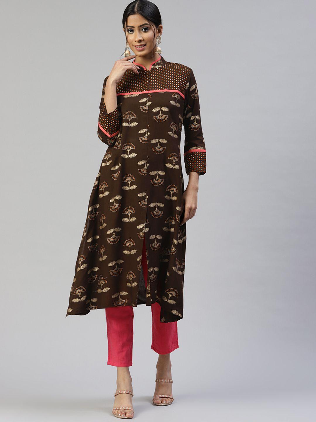 svarchi women coffee brown & golden ethnic motifs printed a-line kurta