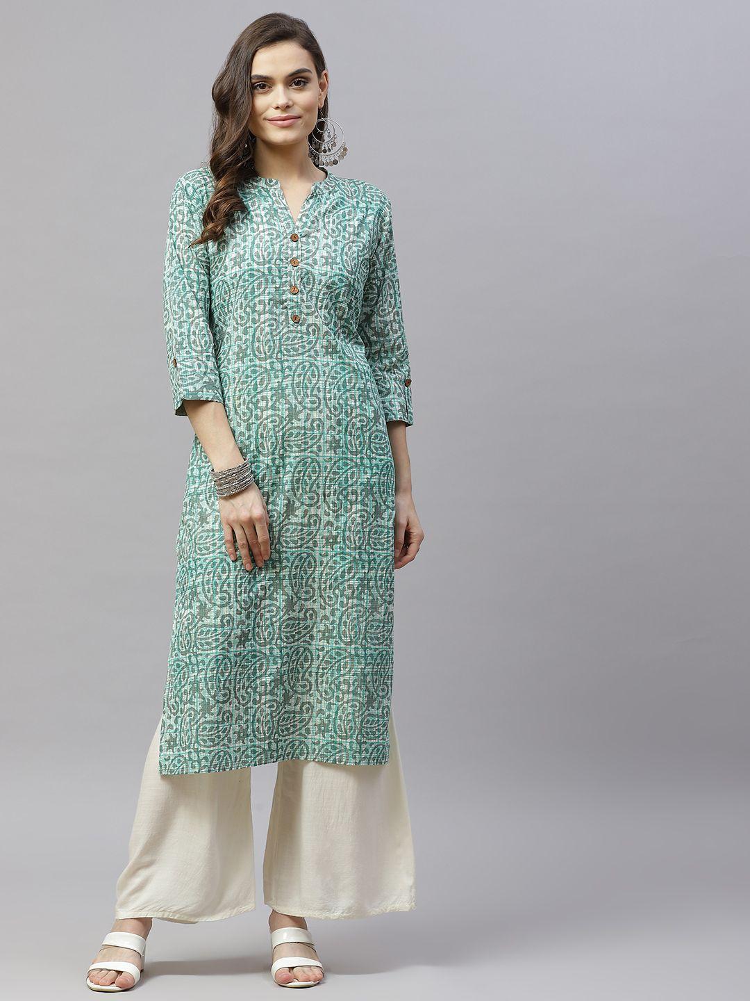 svarchi women green & grey ethnic motifs printed kurta