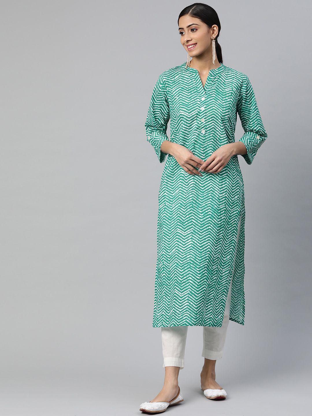 svarchi women green & white chevron printed kurta