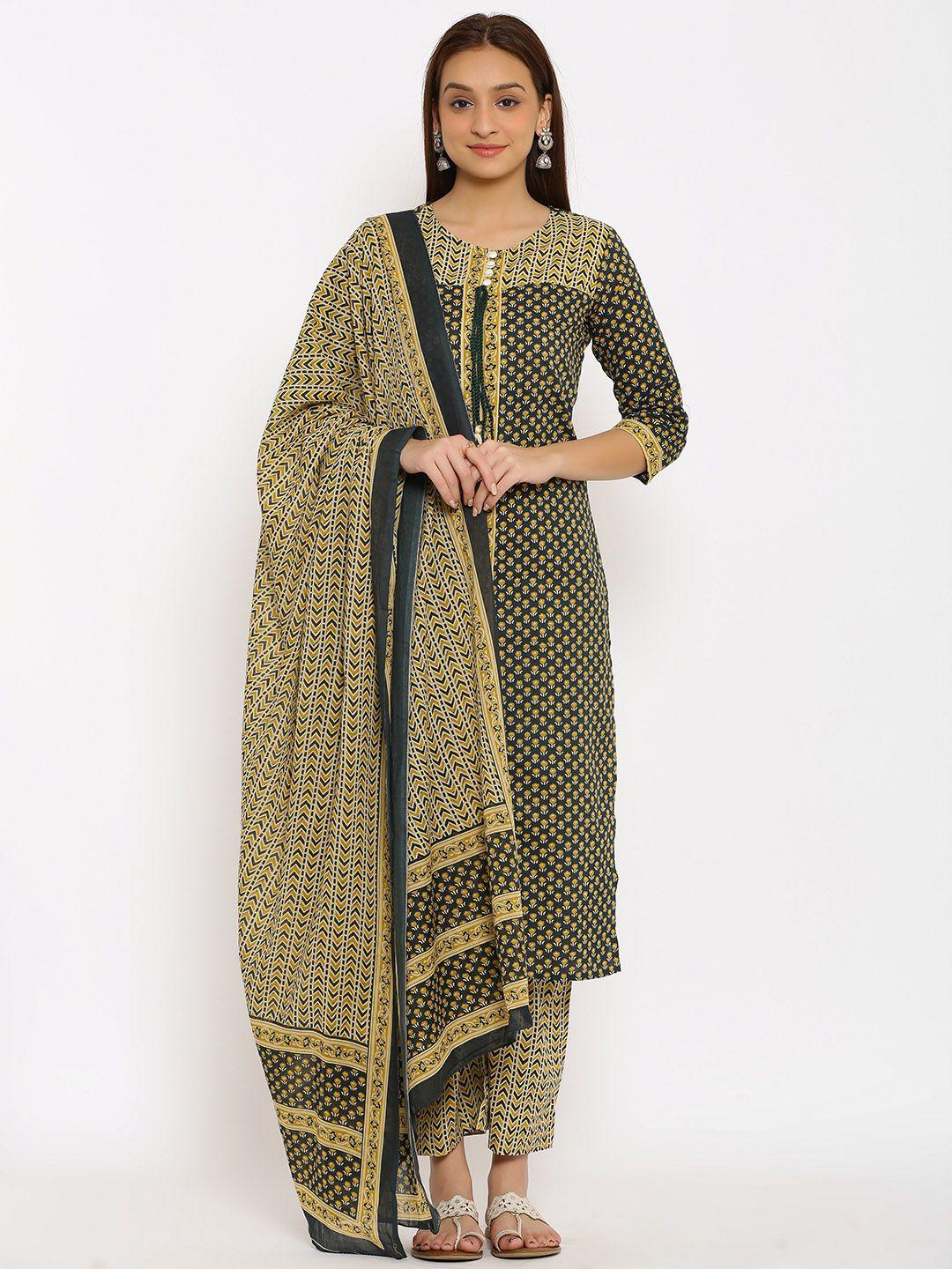 svarchi women green ethnic motifs printed pure cotton kurta with palazzos & with dupatta